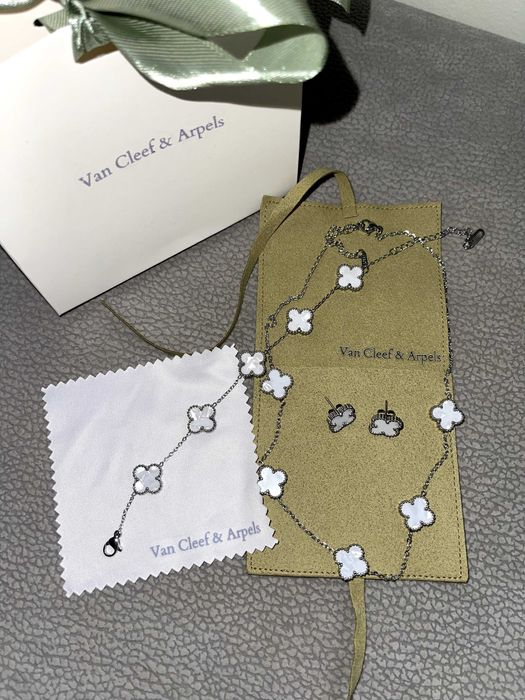 van cleef сребърен сет обеци колие гривна детелина седеф седефен камък