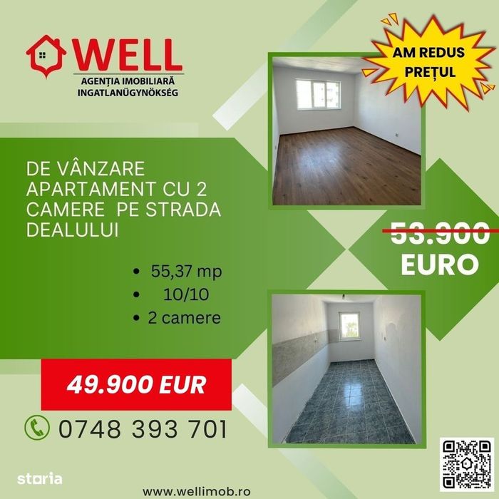 De vânzare apartament cu 2 camere  pe strada Dealului