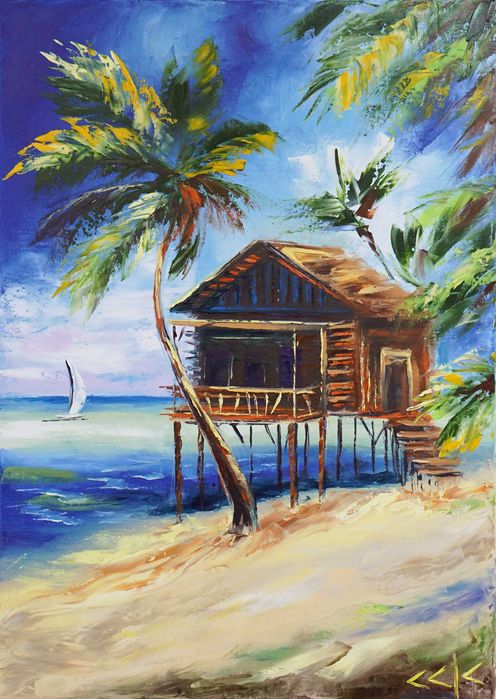 "Уют под палмите" Картина 70х50см, Маслена живопис с шпакла