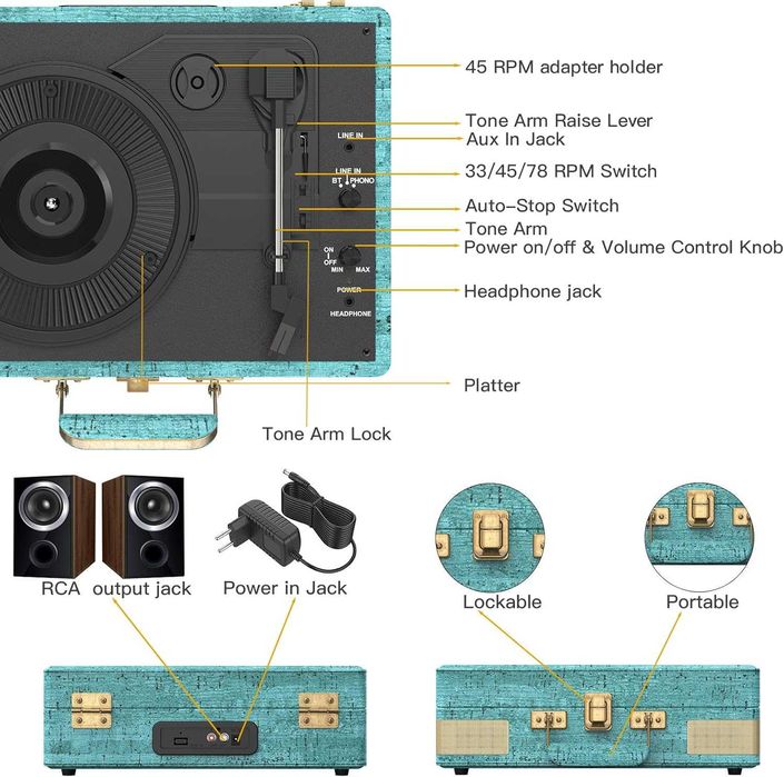 3-скоростен Bluetooth  винилов плейър, син с вградени високоговорители