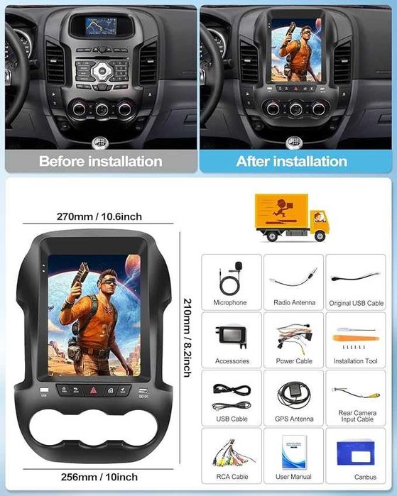 CAMECHO Radio 4+64G 8-Core 9.7 Inch Android 13 Autoradio pentru Ford Ranger PX 2011-2015