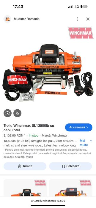 Troliu WINCHMAX 6200kg auto platforma profesional NOU NEFOLOSIT