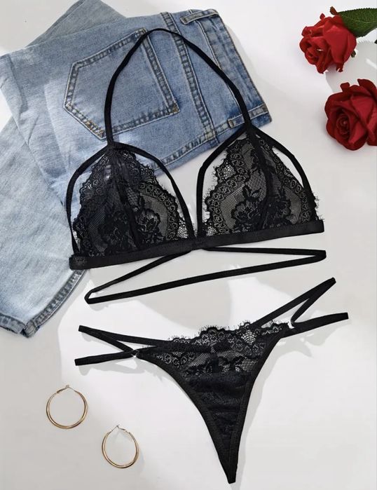 Комплект бельо, черно бельо, дантелено бельо