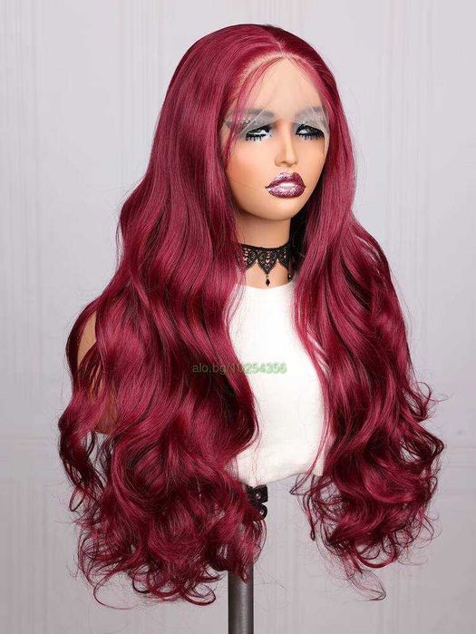 Тъмно червена бордо вълнообразна перука на път с дантела 13*4*1