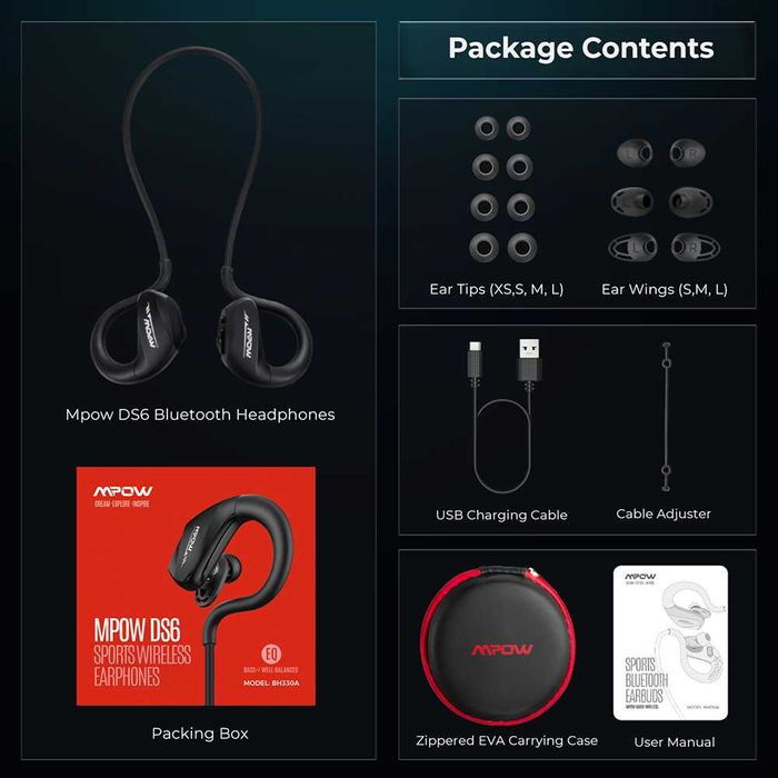 Căști wireless sport Mpow DS6,  cu timp de redare de 9 ore