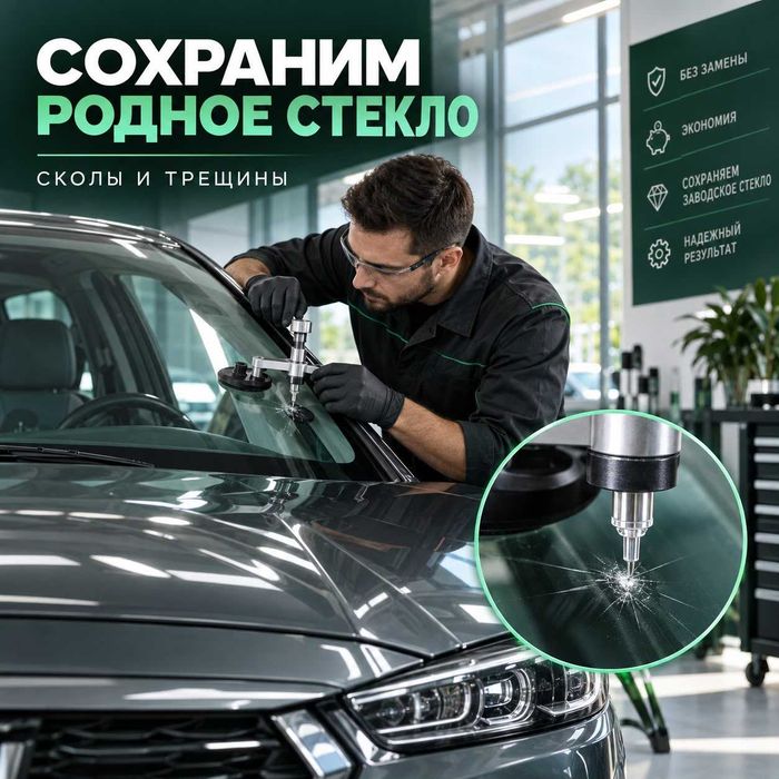 Ремонт скола после попадания камня без замены стекла