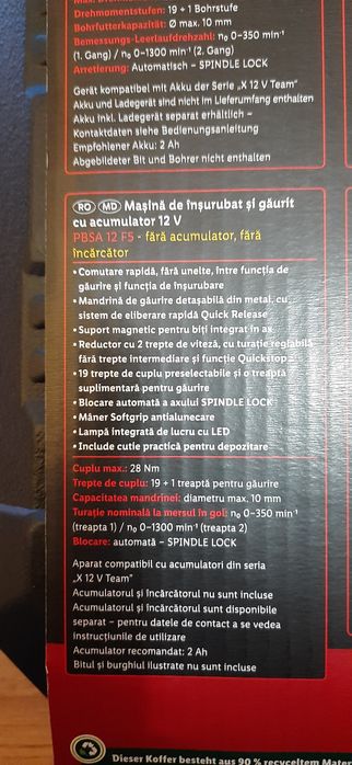 Masina de însurubat si gaurit cu acumulator 12 V-PBSA, Parkside, Nou!