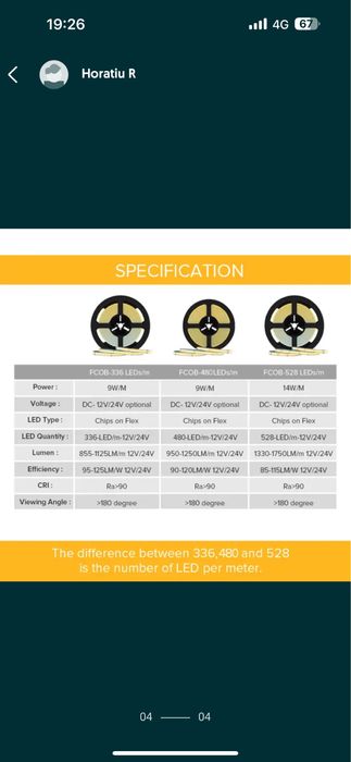 Banda led COB BTF LIGHTNING 12V 3 metri 336 si 528 leduri cul. 4000K