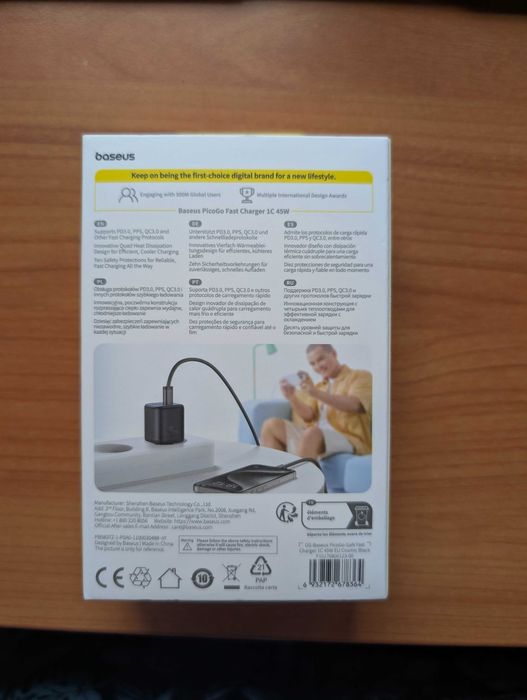 Încărcător rapid Baseus PicoGo 1C 45W GaN, USB-C, PD/QC – NOU, nefolosit