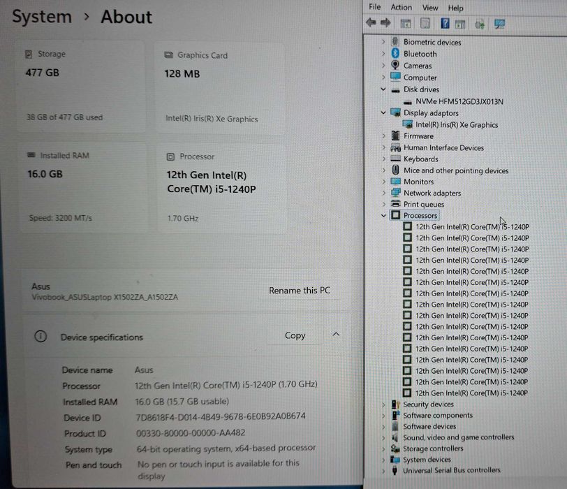 15.6' IPS Asus Intel Core i5-1240P 16-ядрен/16GB/512GB SSD/Intel Iris