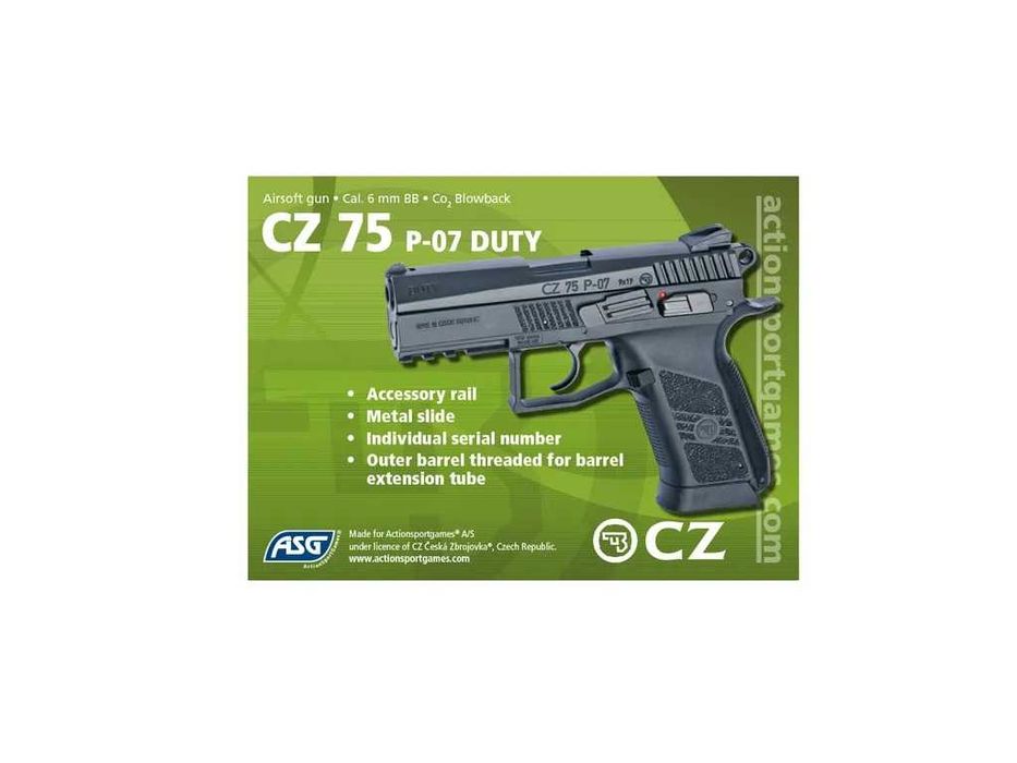 Лицензиран Еърсофт пистолет CZ 75 P-07 DUTY ASG  без GNB и с GBB CO2
