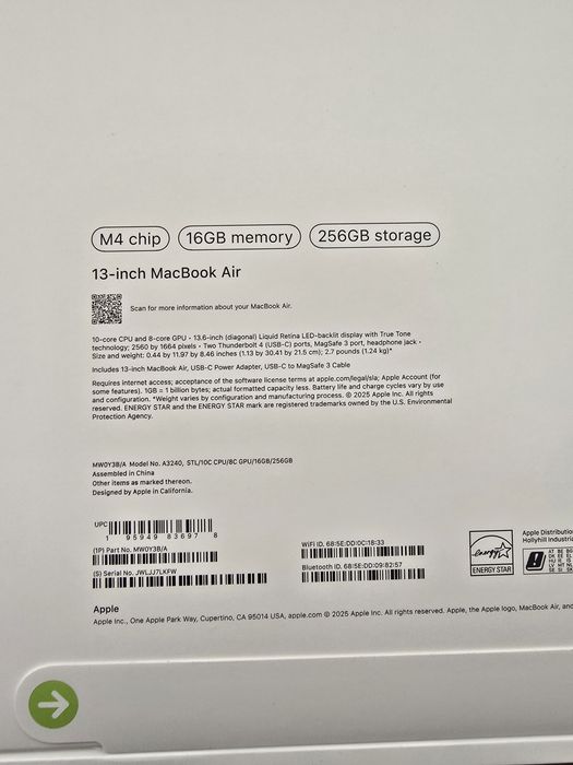 Apple MacBook Air 13, M4 chip, 16 GB, НОВ, НЕРАЗОПАКОВАН