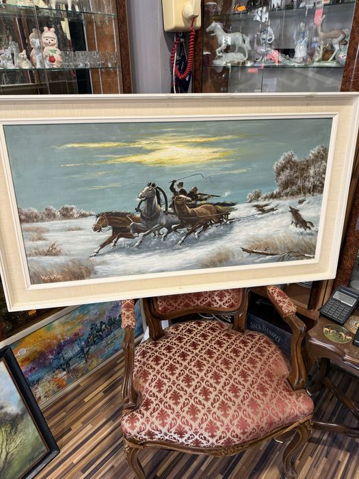 красива голяма картина ловна сцена маслени бои платно автор