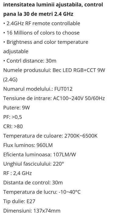 Bec Miboxer, 9W , cu control de la distanță . Nou
