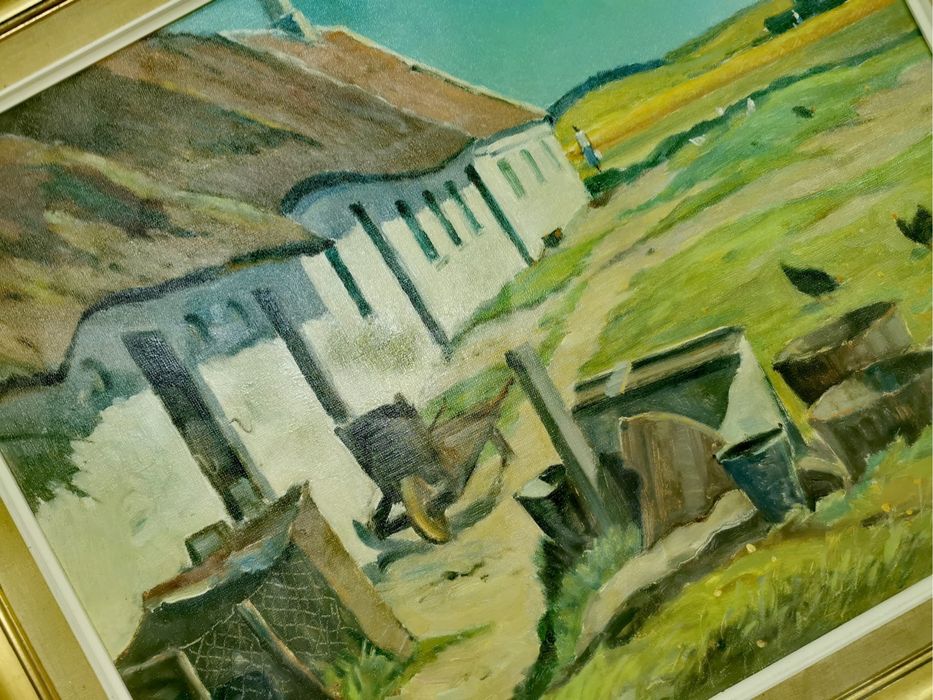 Картина платно рамка паспарту пейзаж селска къща авторска подписана