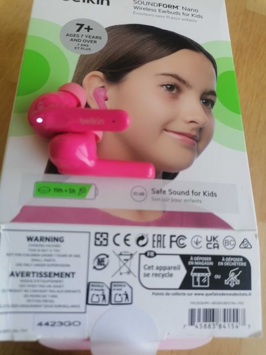 Căști wireless Belkin SoundForm Nano pentru copii fete – Microfon Bluetooth 5.0 Roz 5 ore de redare + 19 ore de incarcare in carcasa