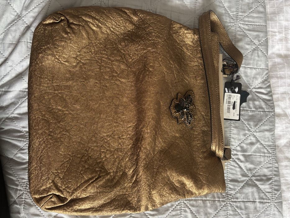 Geantă Musette Nadia Fly – piele naturală, bronz metalizat, NOUĂ cu etichetă