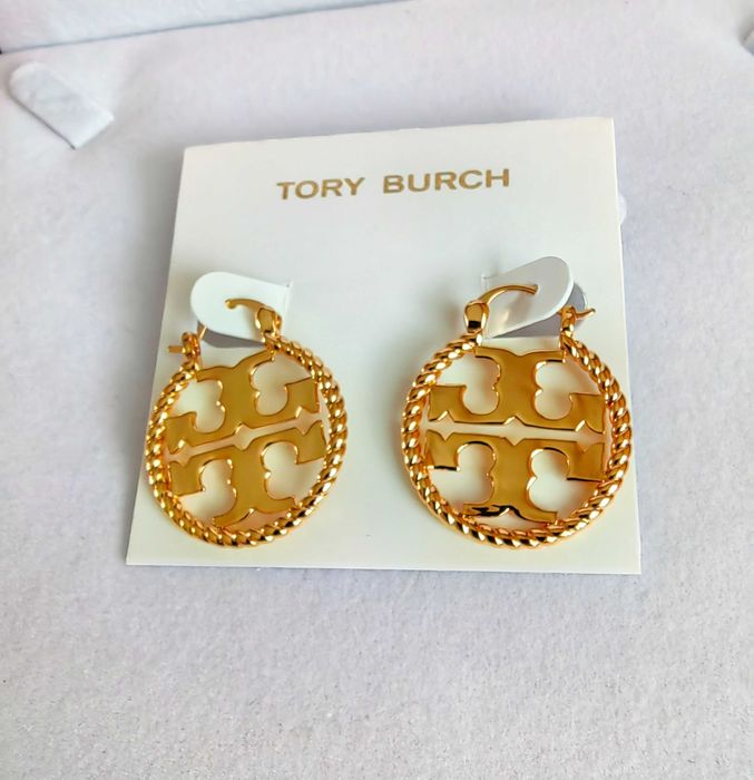 Златисти висящи обеци на Tory Burch - logo round earrings