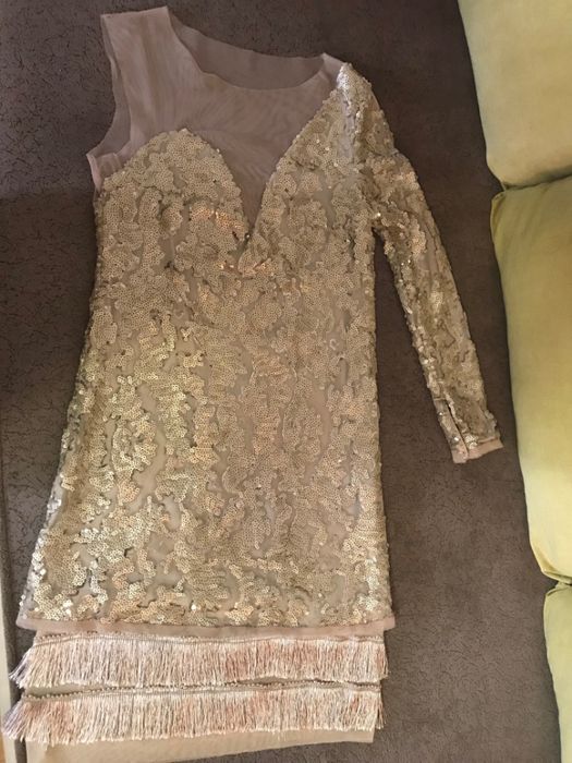 Rochie glam, Nissa, mini, nude cu paiete aurii si umar gol, chic, noua