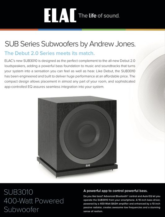 ELAC 3010 Subwoofer ACTIV 400W 2-Difuzoare AutoEQ Bluetooth