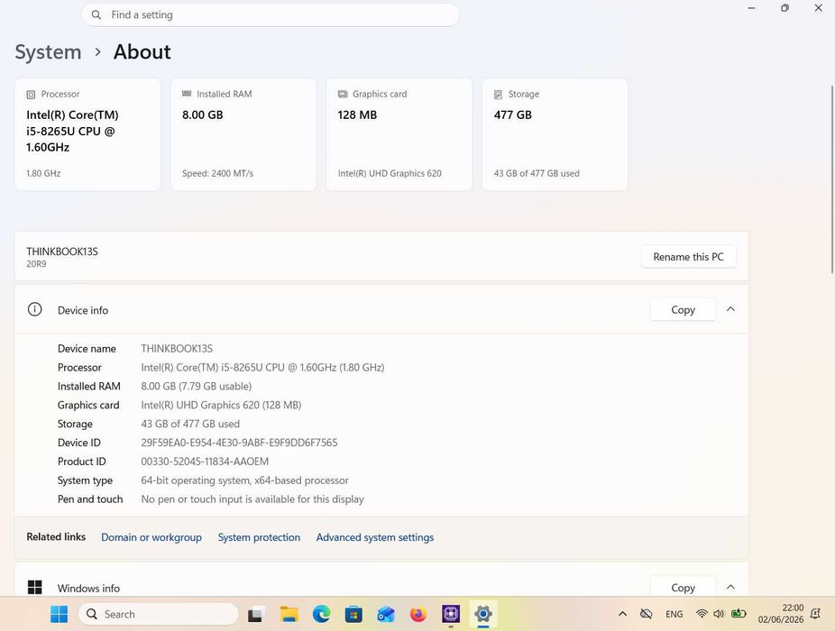 Лаптоп Lenovo Thinkbook 13S 500GB SSD