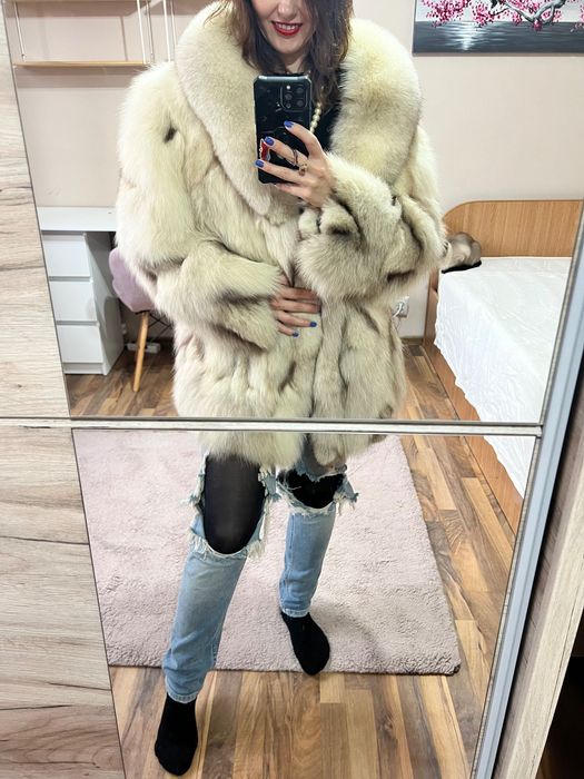 Haină de blană de vulpe, bej, premium, M/L impecabila