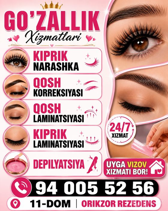 Kiprik narashka, qosh kiprik laminatsa  forma berib boyash, depilatsiy