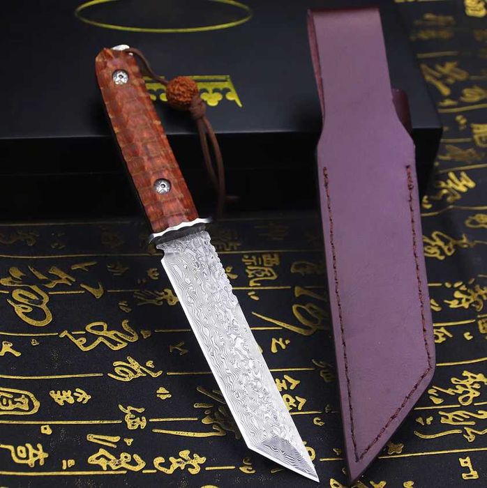 Cutit japonez Tanto, otel Damasc Full Tang, teaca piele