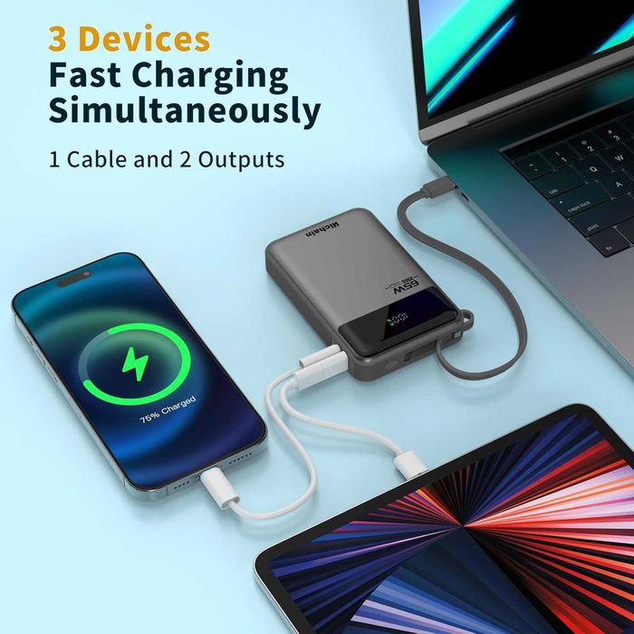 Външна батерия за Лаптоп 65W 20000mAh (С вграден кабел) - Fast Charge
