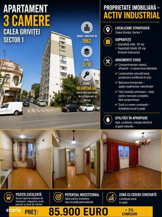 Apartament 3 camere- 62 mp-Calea Grivitei/Basarab- Sector 1