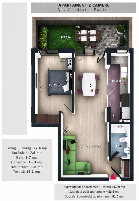Bloc finalizat ! Apartament 2 camere cu terasa, 54 mp utili – zona V