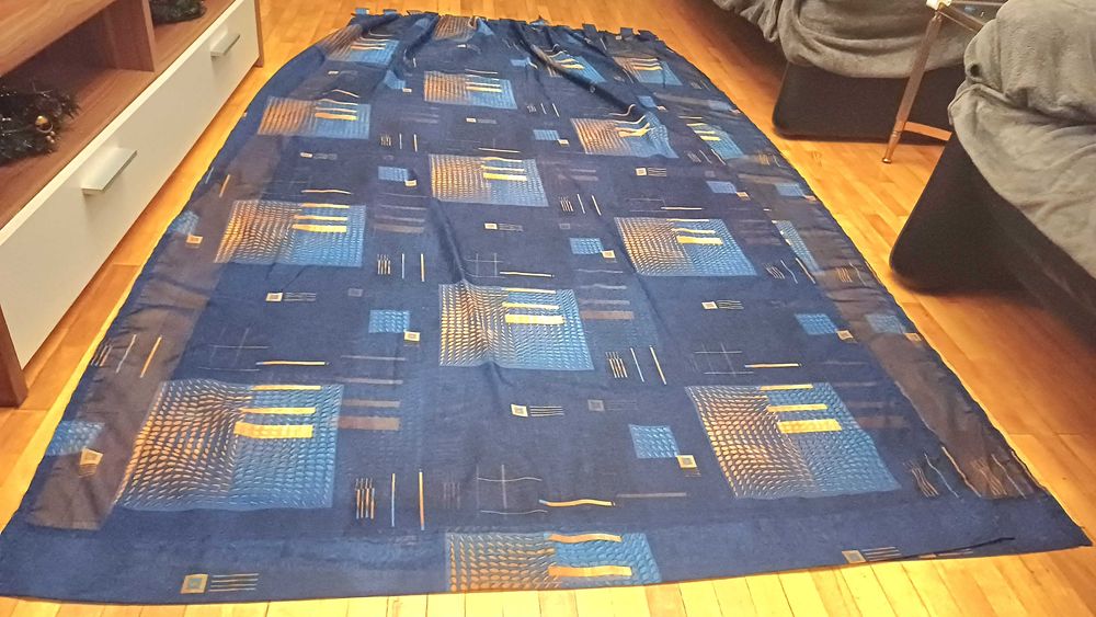 Set  2 perdele din voal, albastre, cu model, 252cm x 135 cm