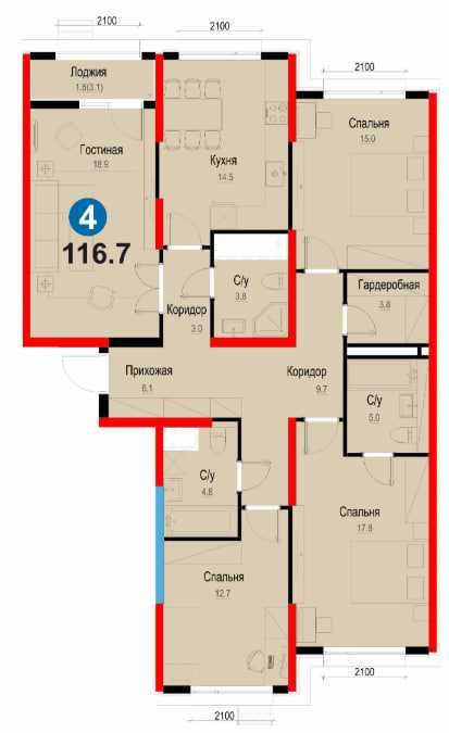 Скидка-15%!  ВНИМАНИЕ!  - 1 кв.м\11 млн.сум!  4 комн.-116,75 кв.м.(ХS)