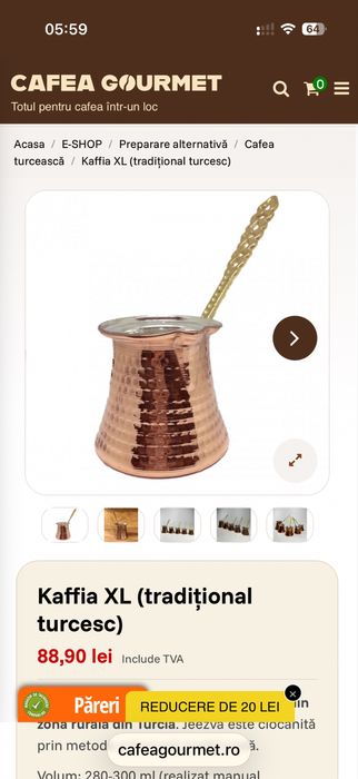 Ibric cafea turceasca Kaffia in stil otoman,, Zamac si Inox, Cupru antichizat, 200 ml