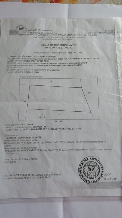 Продавам земеделска земя 966 кв.м Село Долни лозен