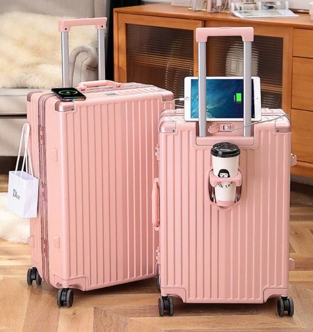 Troler de mana|cala roz & alb 54x36x24 cm, cu suport pahar si port USB