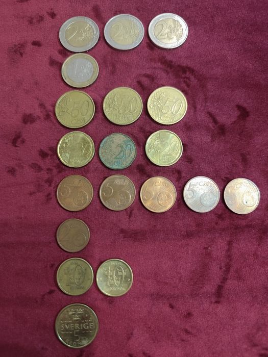 Monede vechi 2€ 10€ 50cent 20cent 2 cent 10Kronor 5Kronor