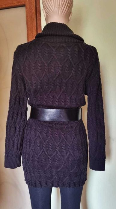 Cardigan lung, negru intens, lana 50%, bumbac 50%, marimea S