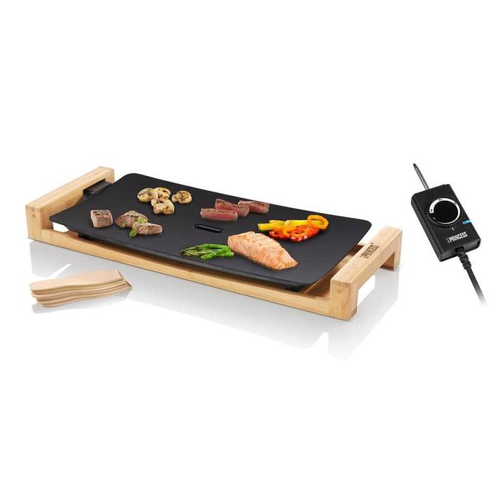 Grill electric Princess Table Chef Pure Black, 2200 W, Suprafata gatit 50 x 25 cm, aluminiu turnat, suport bambus, Termostat reglabil, vas ptr grasime