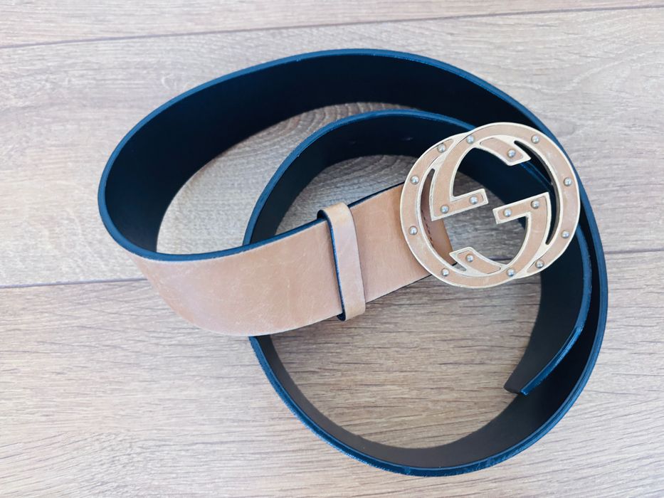 Gucci Caramel Brown Studded Leather Interlocking G Belt оригинален колан