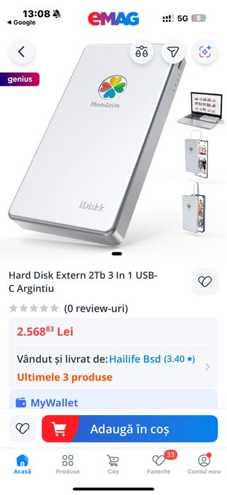 Hard Disk Extern 2Tb 3 In 1 USB-C , sigilat !