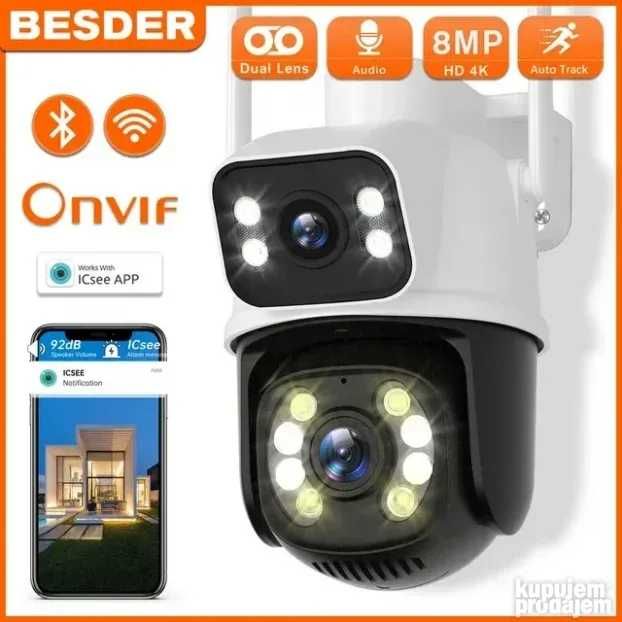 Външна водоуст двойна камера ICSEE 8MP 360° въртяща цветно нощно