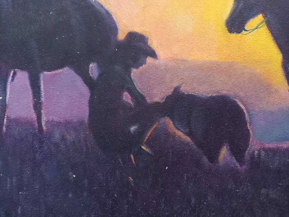 A. Bellomi – „Cowboys cu cai la apus” – ulei pe placaj, 60 × 40 cm