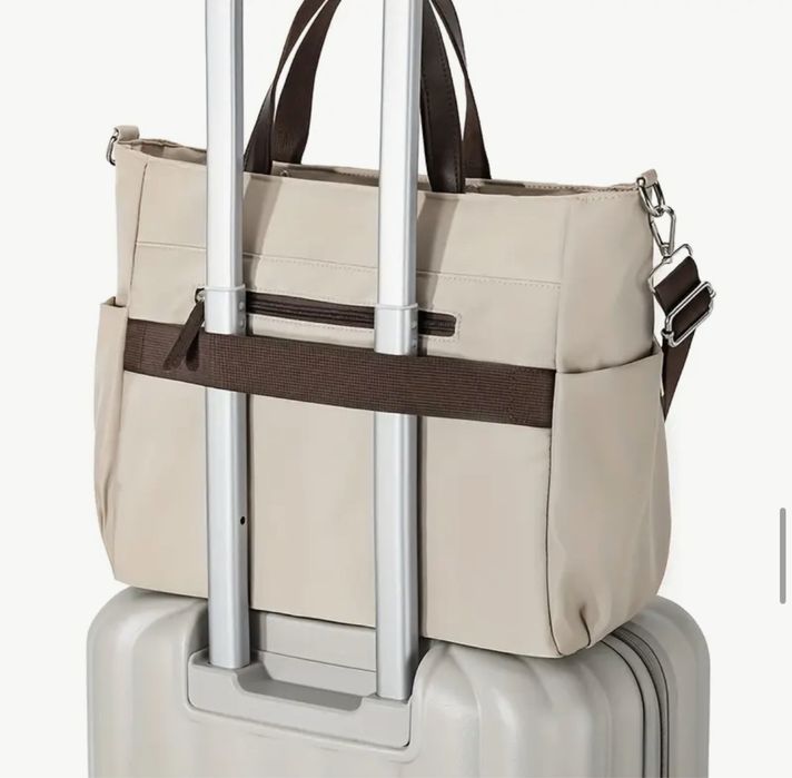 Чисто нова дамска чанта от плат, бежова с кафяво