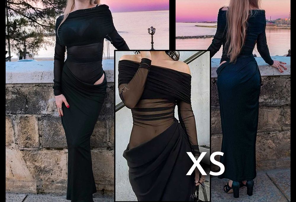 Черна дълга рокля с мрежа и голи рамене - размер XS