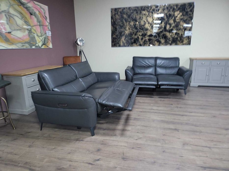 Сив кожен комплект дивани тройка и двойка с ел. релакс механизъм