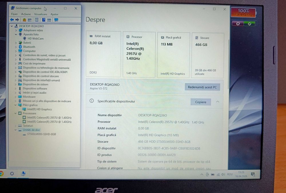 Acer Aspire V3-572, Intel 2957U, 8GB RAM, SSHD 500GB, baterie 3 ore