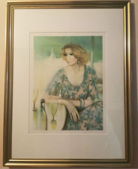 Антикварна картина на жена от Сачико Имай Япония голяма в рамка