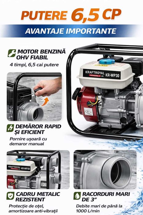 Motopompa 3 Toli 6.5CP KRAFTROYAL KR-WP30 1000L/min