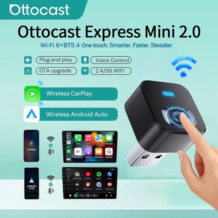 OTTOCAST Mini Dot – Безжичен CarPlay и Android Auto адаптер с бутон за смяна